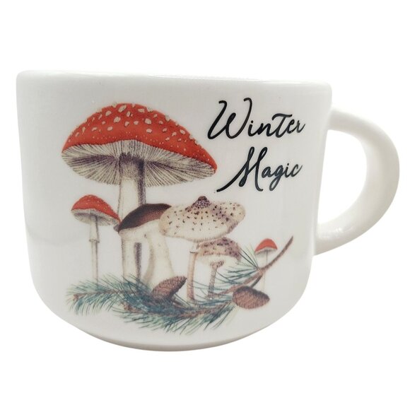 Mushroom Coffee Cups Set Of 2 Ceramic "Winter Magic" Cottage Core Green Interior - Picture 2 of 10